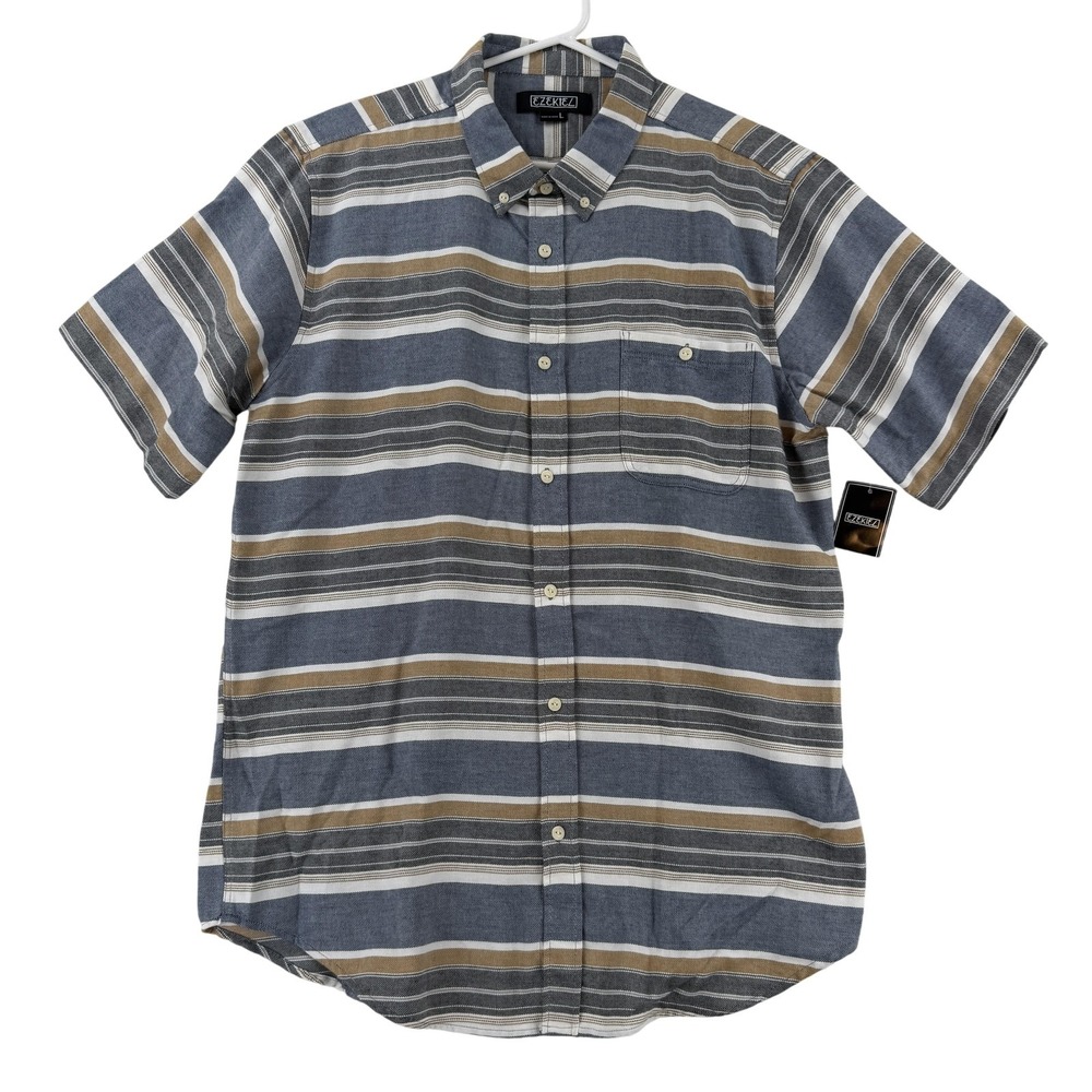 Ezekiel Shirt‎ Mens Large Blue Striped Short Sleeve Button Up Casual Woven NWT
